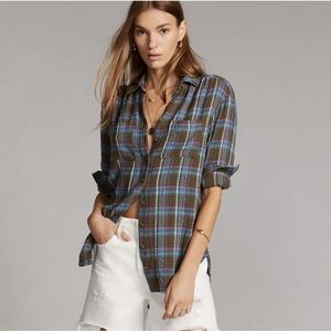 Anthropologie PILCRO Plaid Button Down Shirt Brown Blue Gauzy Oversized Casual